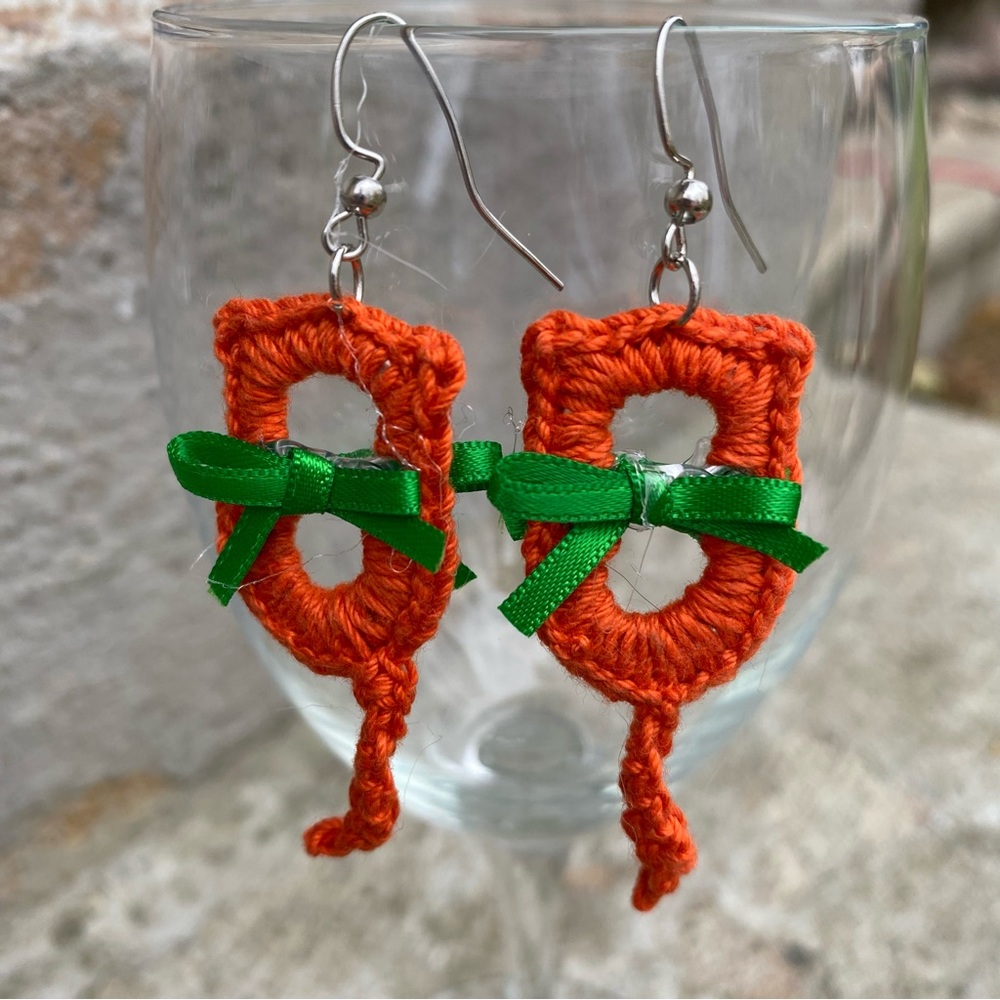 Orange Crochet Cat Earrings with Green Bows